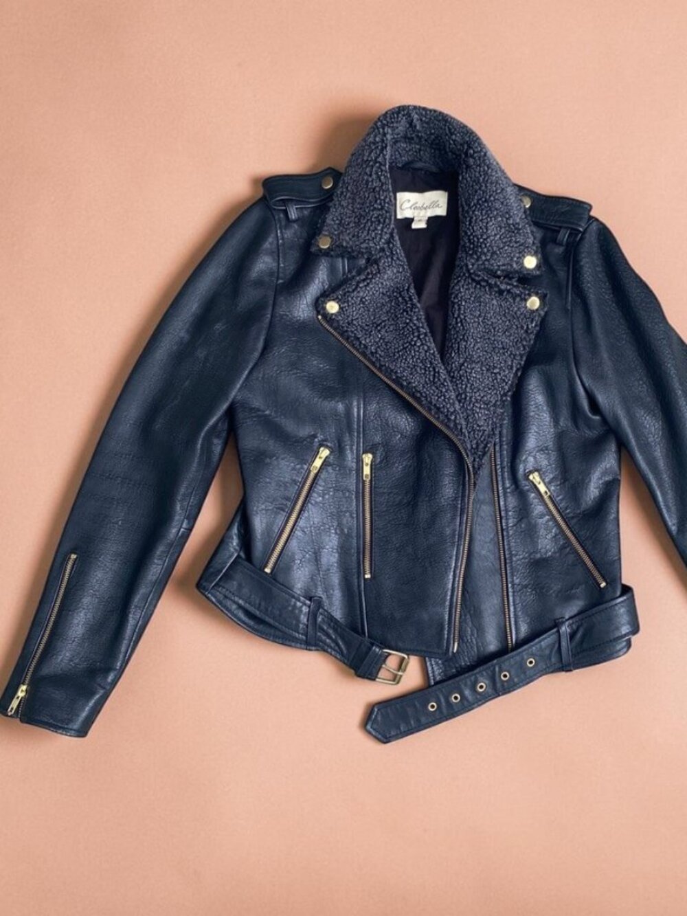 Cleobella 100% Leather Sherpa Moto Jacket Black Belted Biker Medium